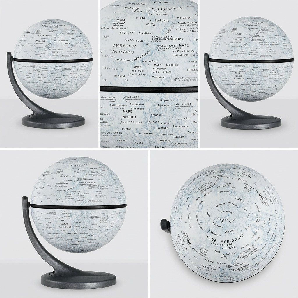 A multi-angle display of the Replogle Moon wonder globe in five distinct viewpoints against a clean grid background.