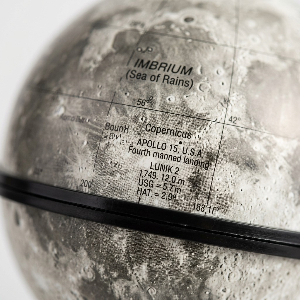 Macro close-up of Replogle Moon Globe surface highlighting cartographic print and lunar details.