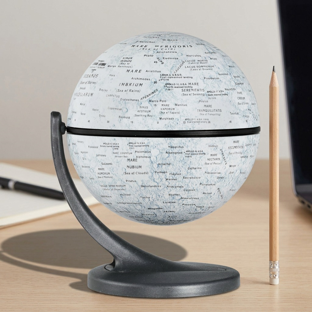 A compact Replogle Moon globe sits on a desk next to a standard pencil for scale comparison.