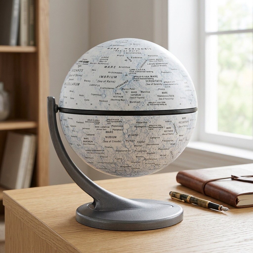 A lifestyle photograph of the detailed Moon globe on its dark stand, positioned on a wooden desk, under warm light.