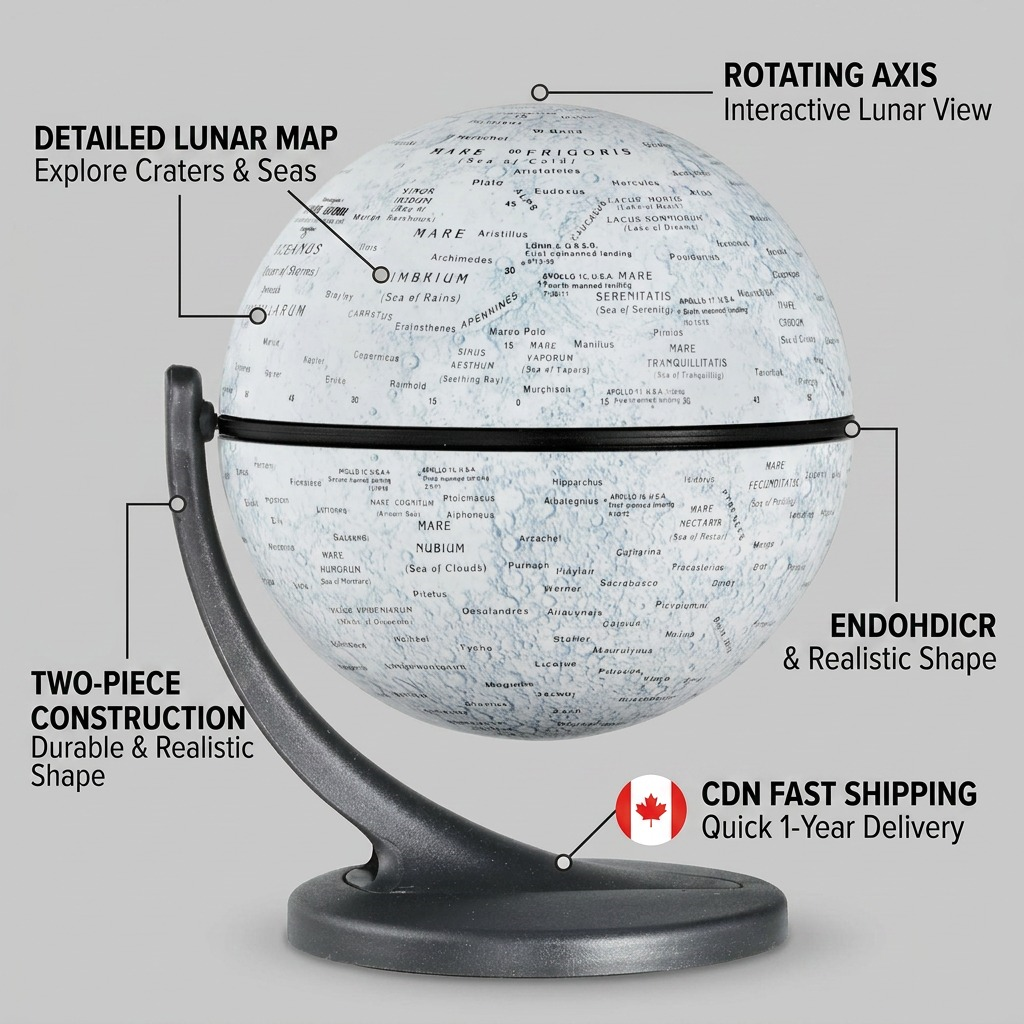 A Product Detail Page graphic highlighting features like detailed lunar mapping, durable two-piece construction, and rotation, with an added note on fast Canadian shipping for excellent customer experience.