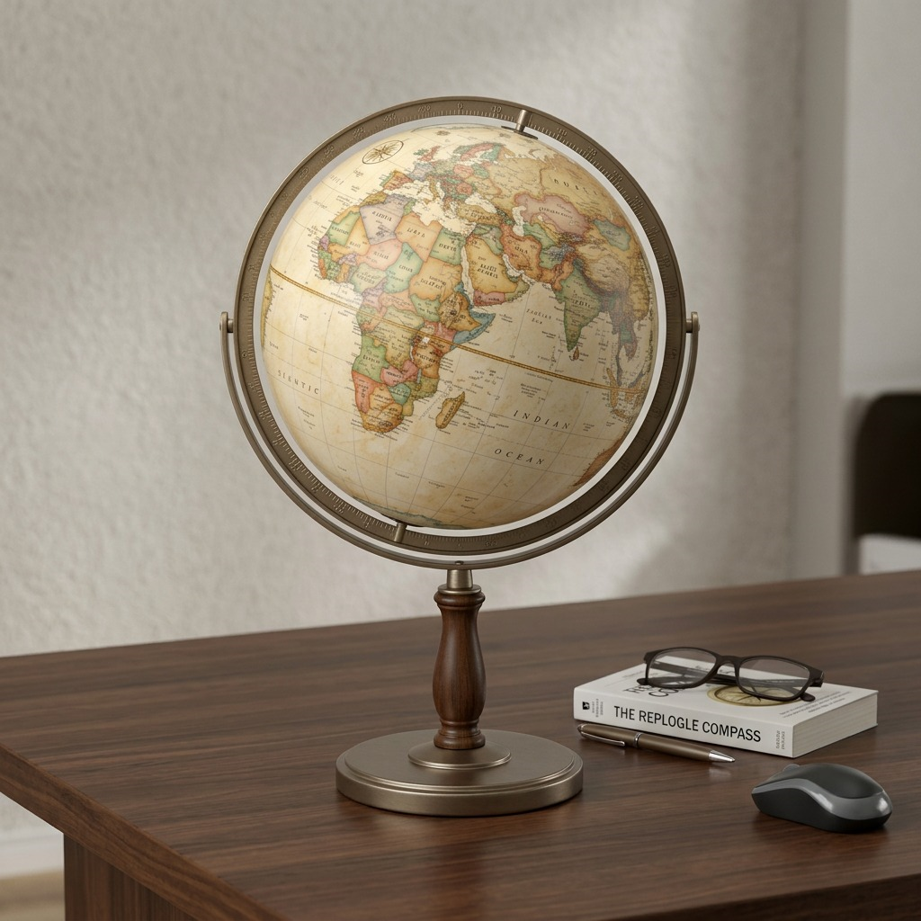 A photo-realistic scale comparison image, showing the antique ocean Treasury Globe with its specific dark wood and brass full meridian, standing on a dark wood desk next to a physical paperback book and a pair of reading glasses, demonstrating its approximately 12-inch diameter size in a home office setting.