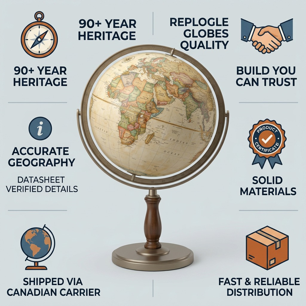 An infographic showing the antique ocean Repogle globe on a desk with icons for quality, heritage, and Canadian shipping.
