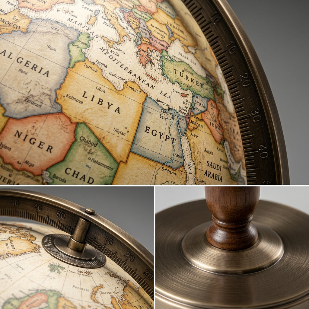 Detailed macro views of the Replogle Globes Treasury Globe, texture, bronze meridian markings, and wooden base.