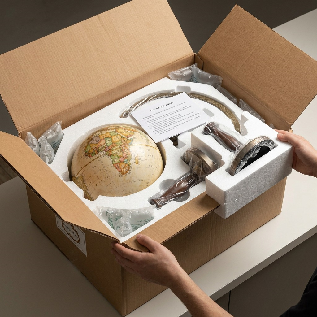 A protected multi-part unboxing of the Replogle Treasury globe, with components nested in custom foam.