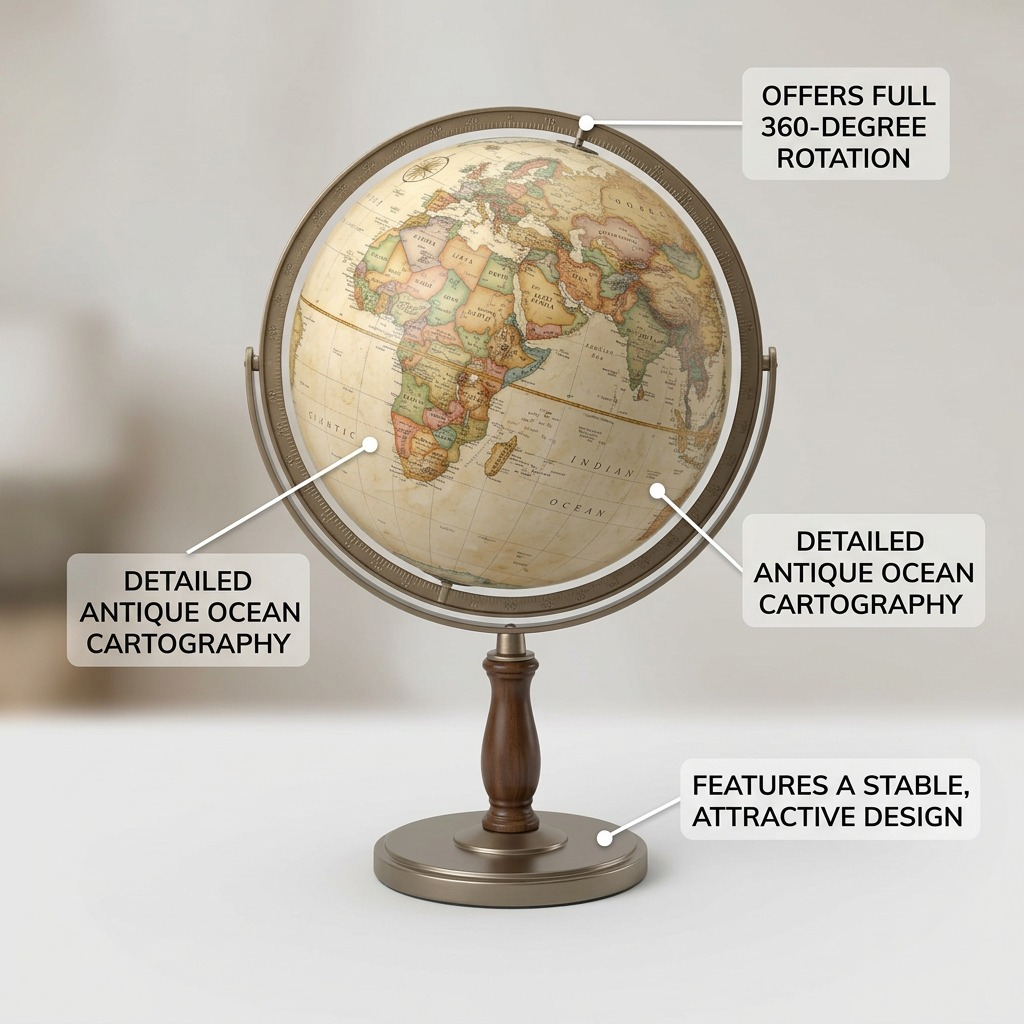 An image showing the Replogle Treasury globe on its stand with callouts pointing to the full meridian, globe surface, and stable base.