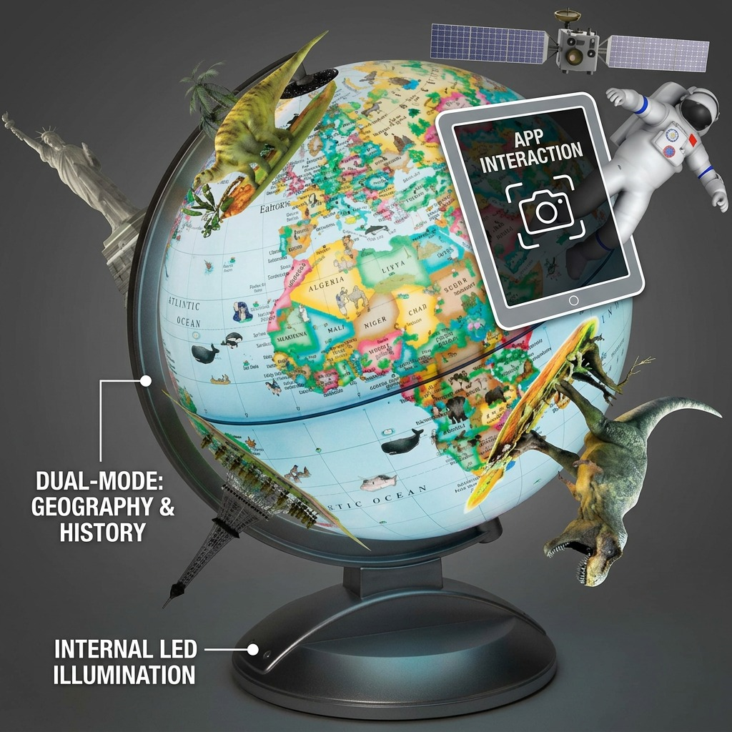 Replogle augmented-reality globe with app interface and LED illumination features highlighted for learning.