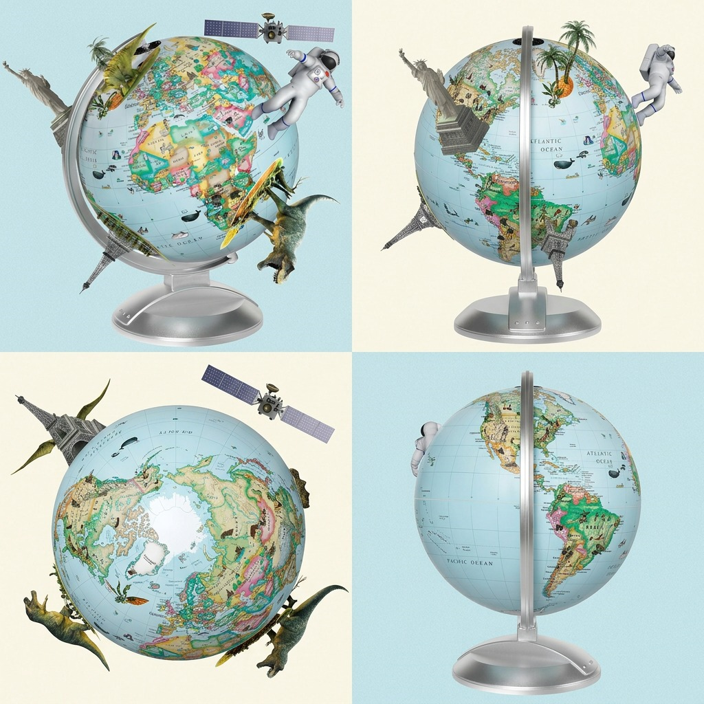 A 2x2 grid in a minimal studio showing the 10" globe (12534) from four different orientations, highlighting various illustrated elements.