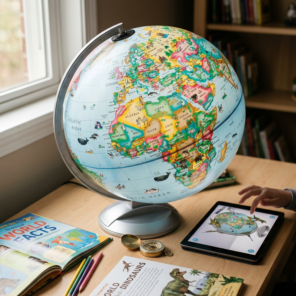 A photograph of the detailed, augmented reality globe on its silver stand, sitting on a child's desk in a natural, sunlit room.