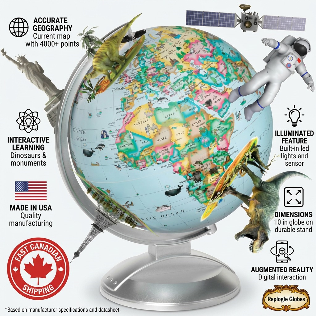 An infographic for the Replogle Globe 4 Kids, focusing on product details and certifications.