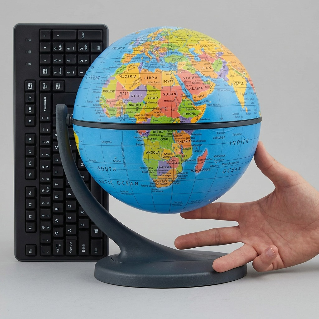 A 4.3-inch blue ocean desk globe stands beside a standard computer keyboard and a hand for precise scale reference.