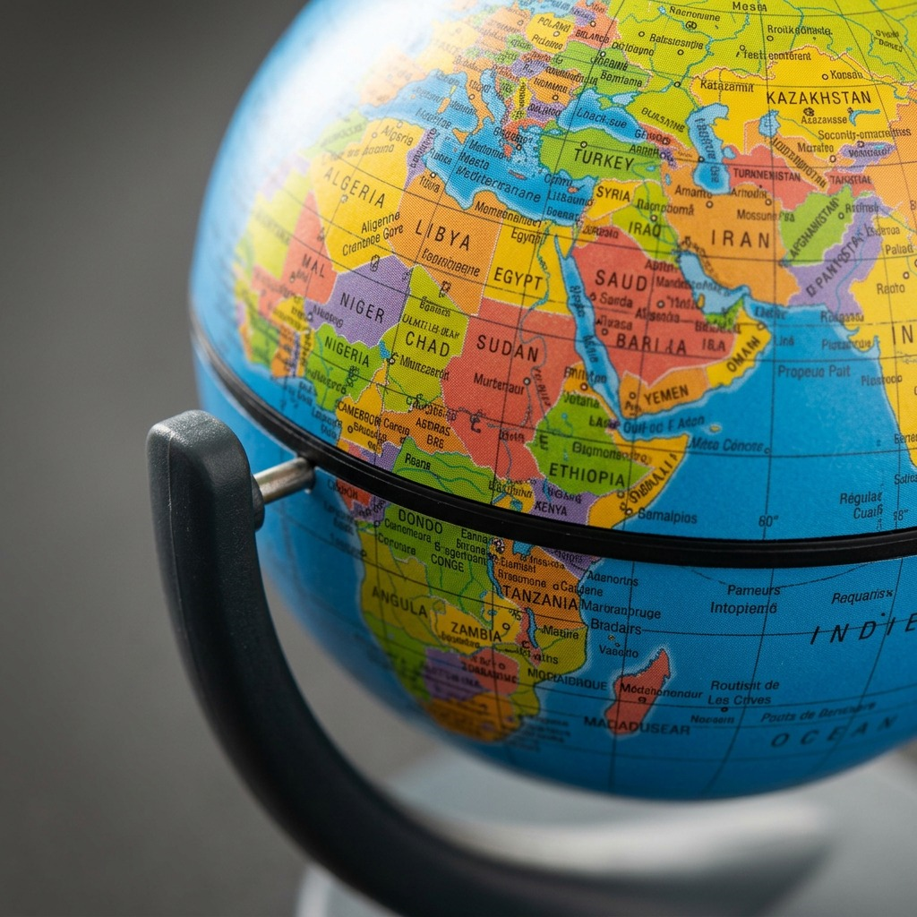 Macro photo of the Replogle Wonderglobe showing detailed print, black equatorial seam, and dark grey stand.
