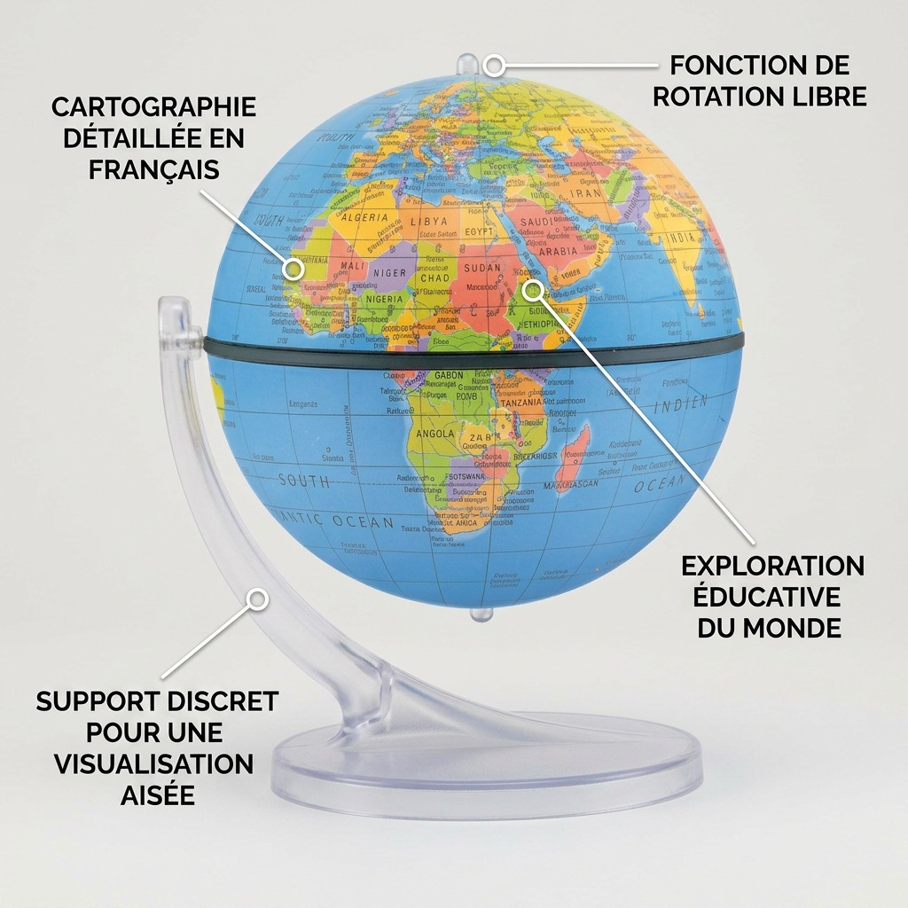 Infographic highlighting key features of the Replogle Wonderglobe desk globe, including free rotation and detailed French cartography.