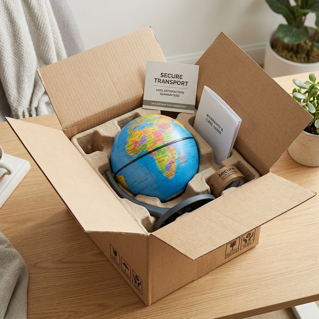 A premium unboxing view shows the Replogle Wonderglobe nestled securely with documentation in a custom pulp tray.