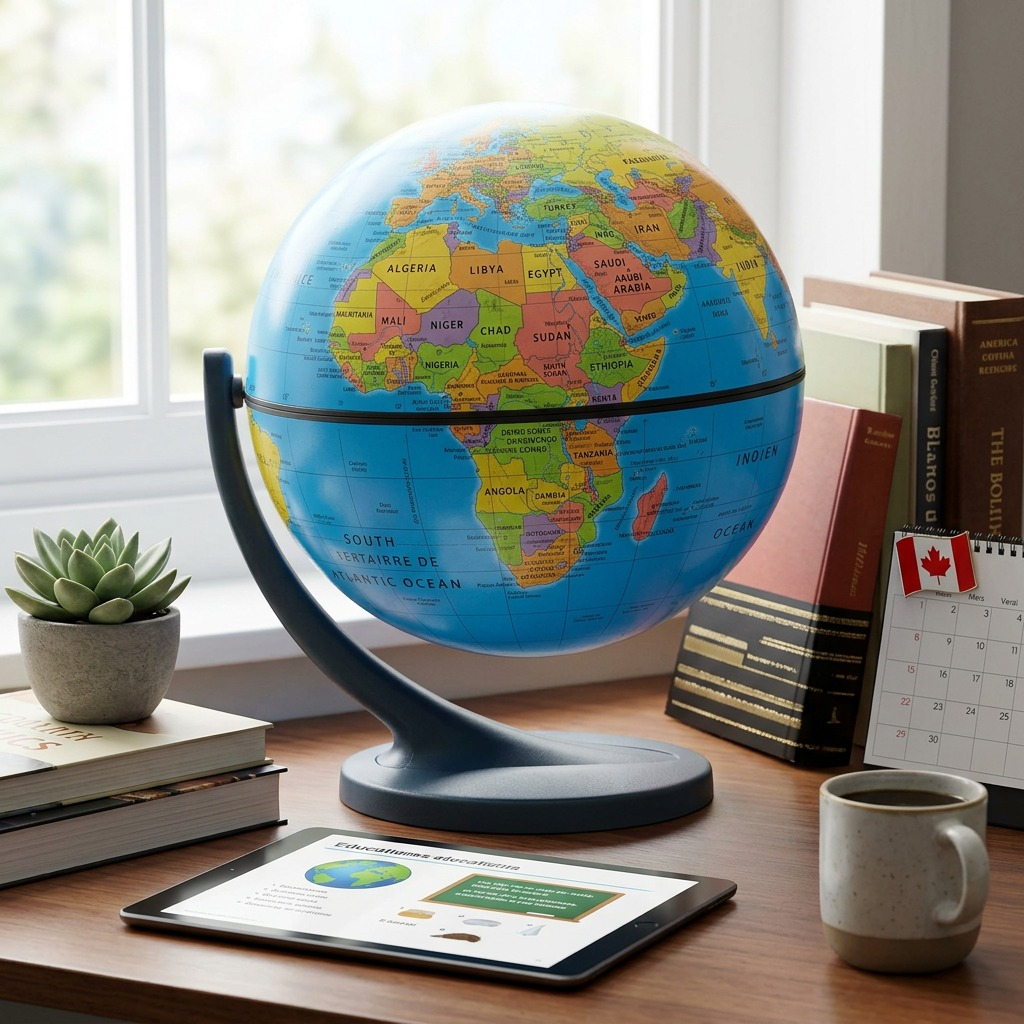 A small Replogle globe sits on a wooden desk, surrounded by a tablet and books.