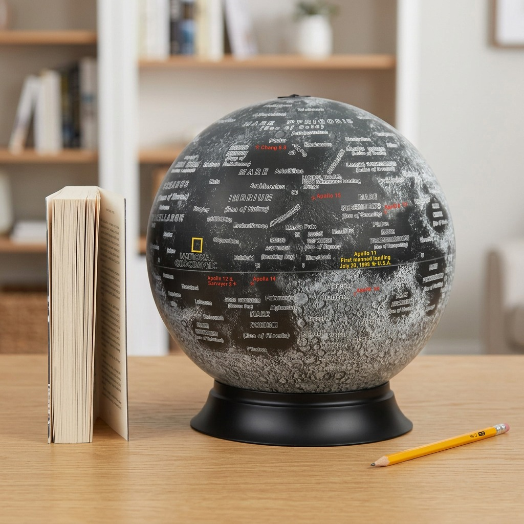 A 12" diameter National Geographic Moon globe displayed next to a stack of standard hardcover novels, illustrating relative size.