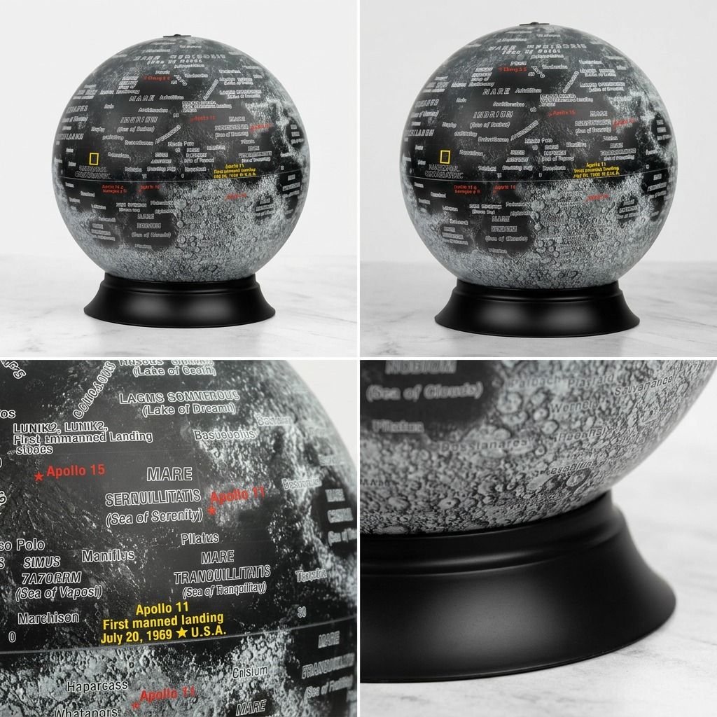A PDP matrix showcasing the National Geographic Moon Globe from multiple optimal angles and close-up details.