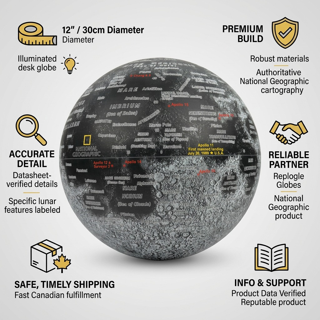 A trusted infographic of the Replogle National Geographic Moon Globe on a clean white background, surrounded by icons and text highlighting factual cues.