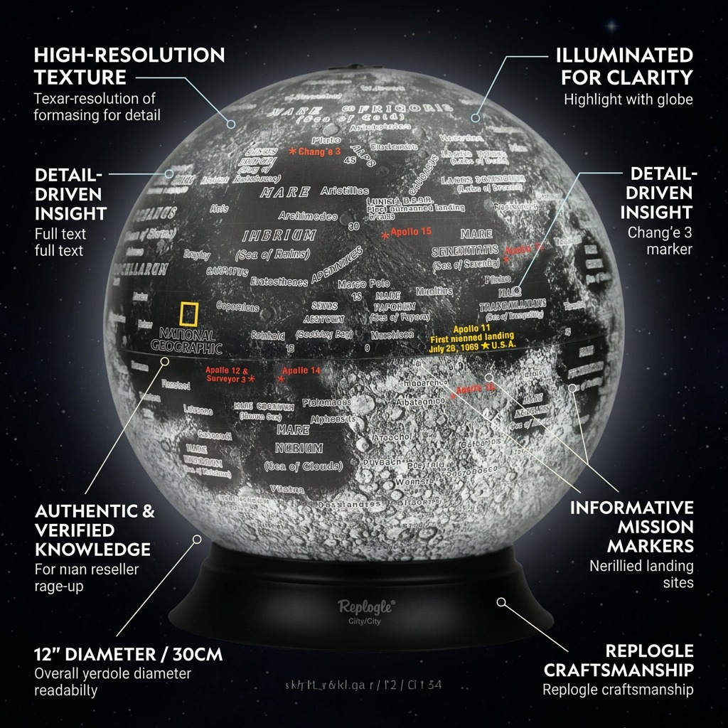 An infographic highlighting features of the National Geographic Moon Globe on a dark base with precise crater detail.