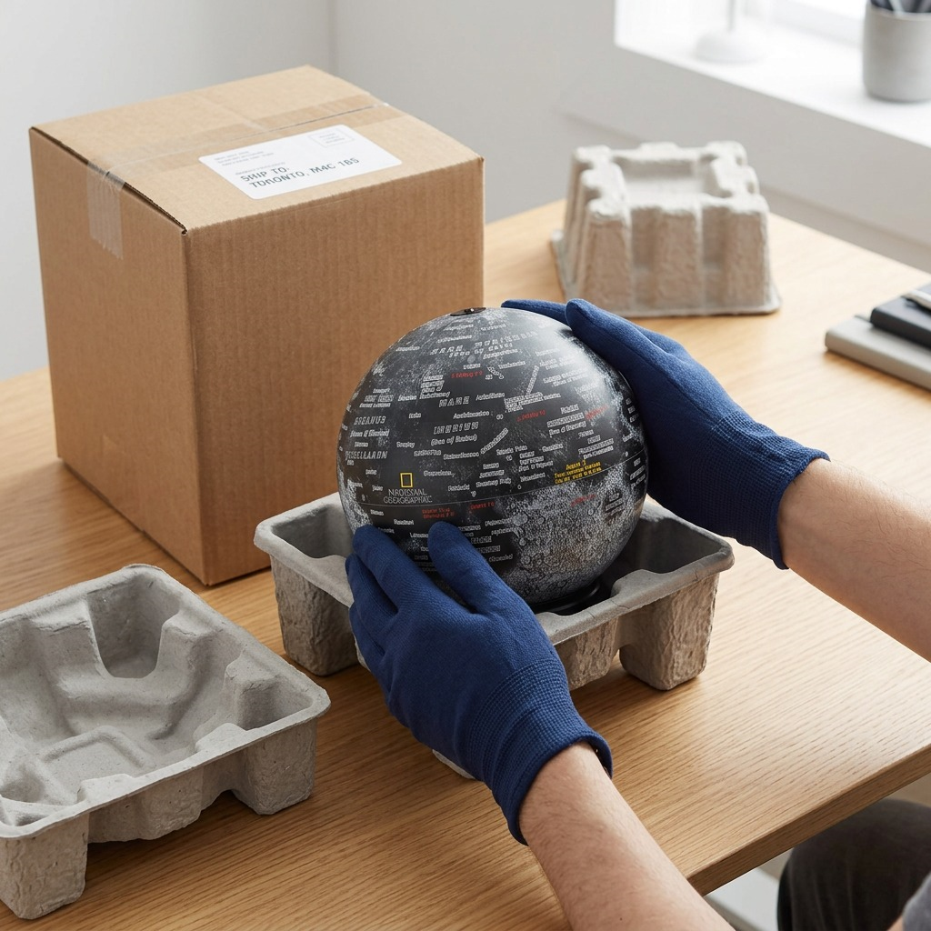 A realistic photo shows a Replogle Moon globe being carefully unboxed from a sturdy protective shipping box with foam inserts.