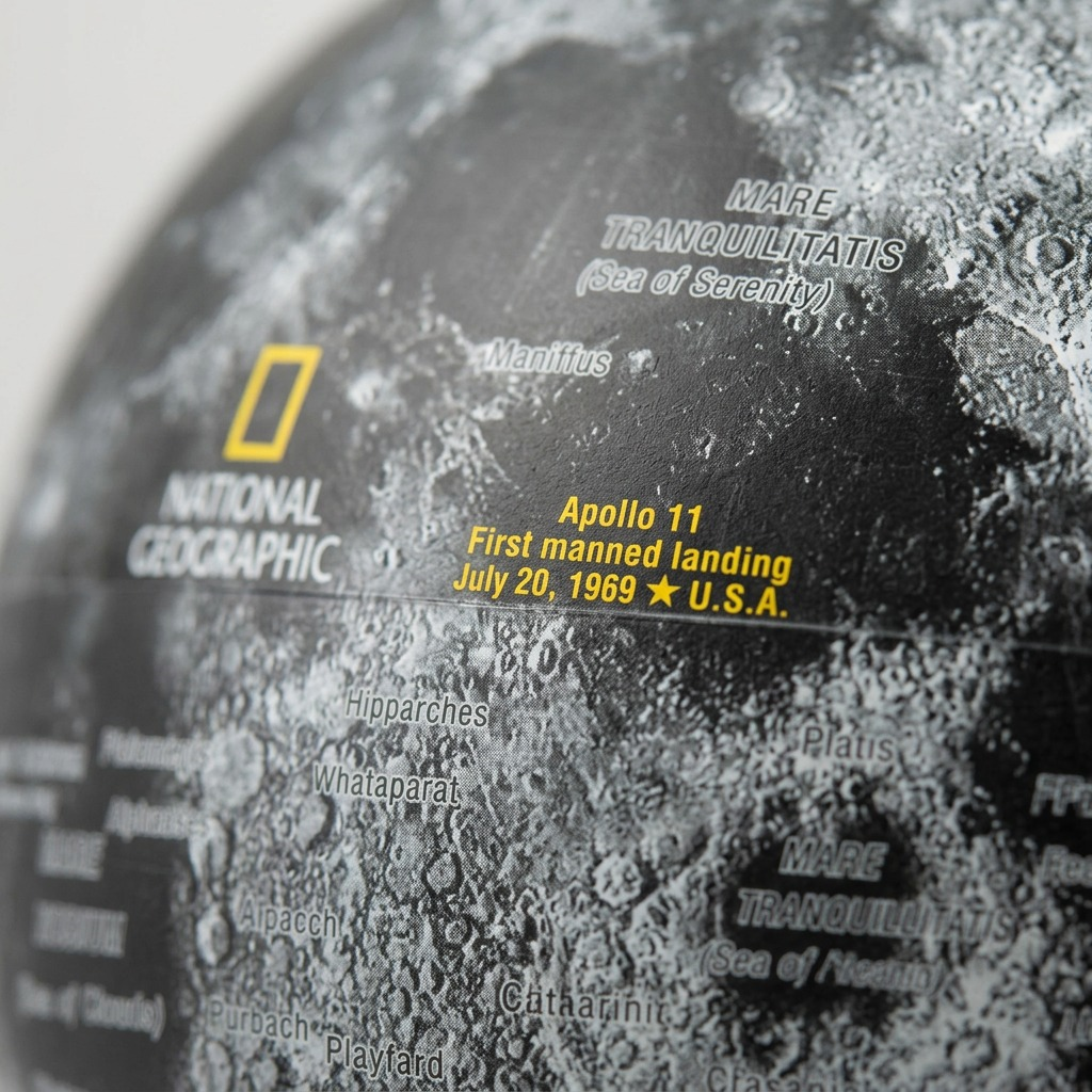 Macro photograph of the National Geographic Moon Globe focusing on the Apollo 11 landing site.