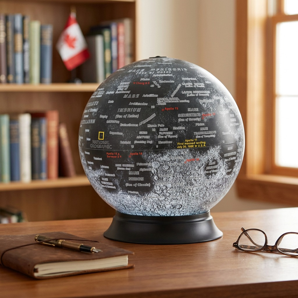 A realistic photo of the illuminated Replogle National Geographic Moon Globe 12" on a wooden desk.