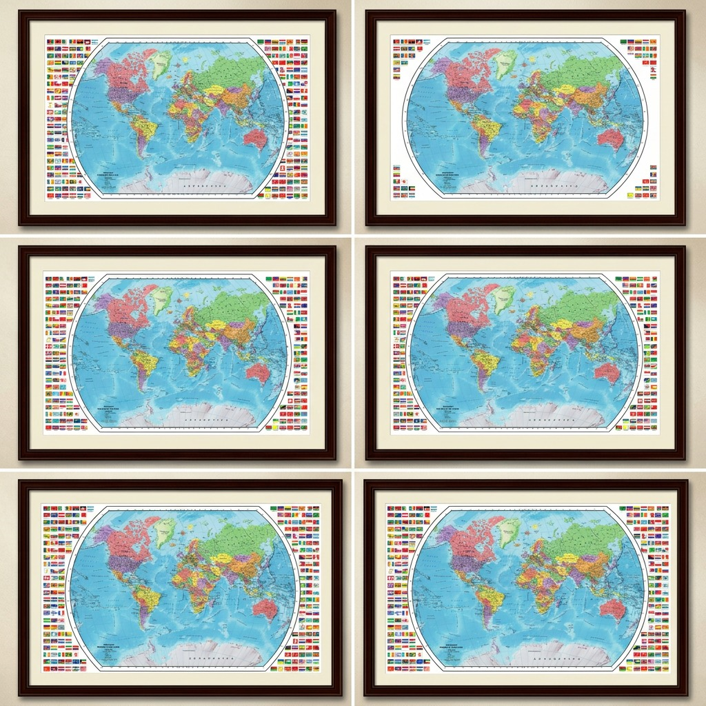 A 3x2 grid showing six identical framed Replogle World Maps with different corner flag layouts.