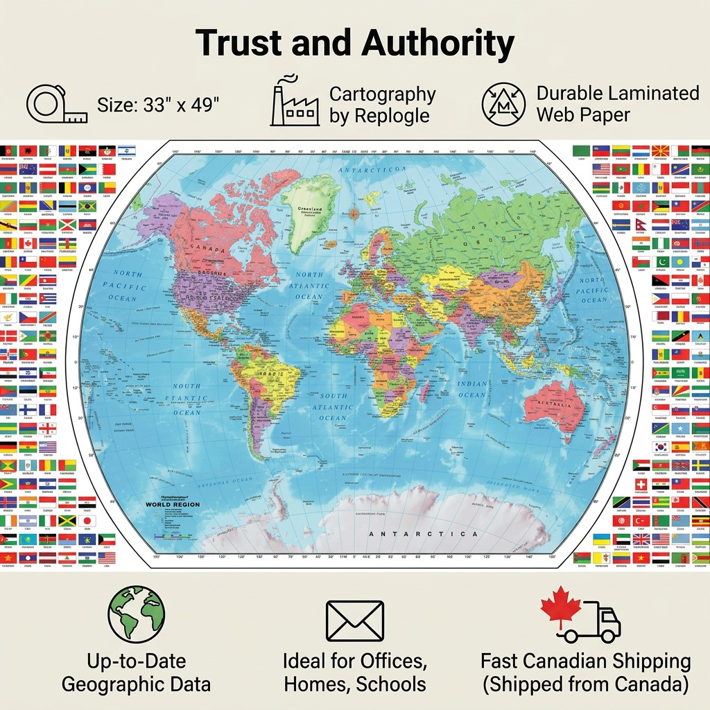 A product infographic for the Replogle World Map (33" x 49"), featuring Canadian shipping cues.