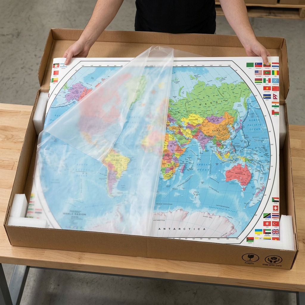 Replogle (33"x49") map unboxed: sturdy carton, clear sleeve, foam corners ensure safe arrival.