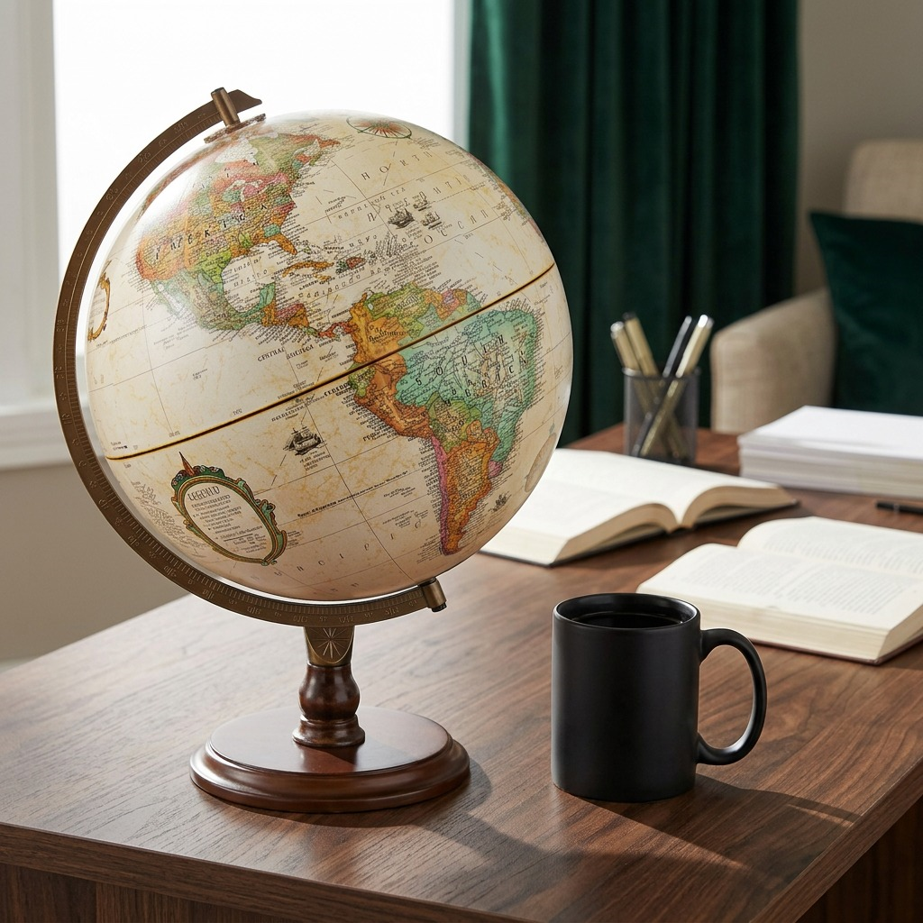 A photograph showing the Replogle Lenox 12-inch antique globe on a wooden desk beside a standard coffee mug.