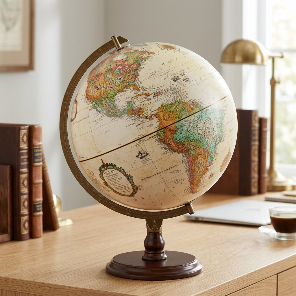 Replogle Lenox antique desk globe on an oak desk surrounded by books and window light in a study setting.