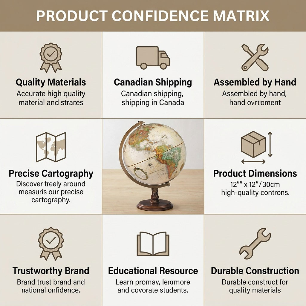 Replogle globe confidence matrix infographic with fast Canadian shipping cues and factual product icons.