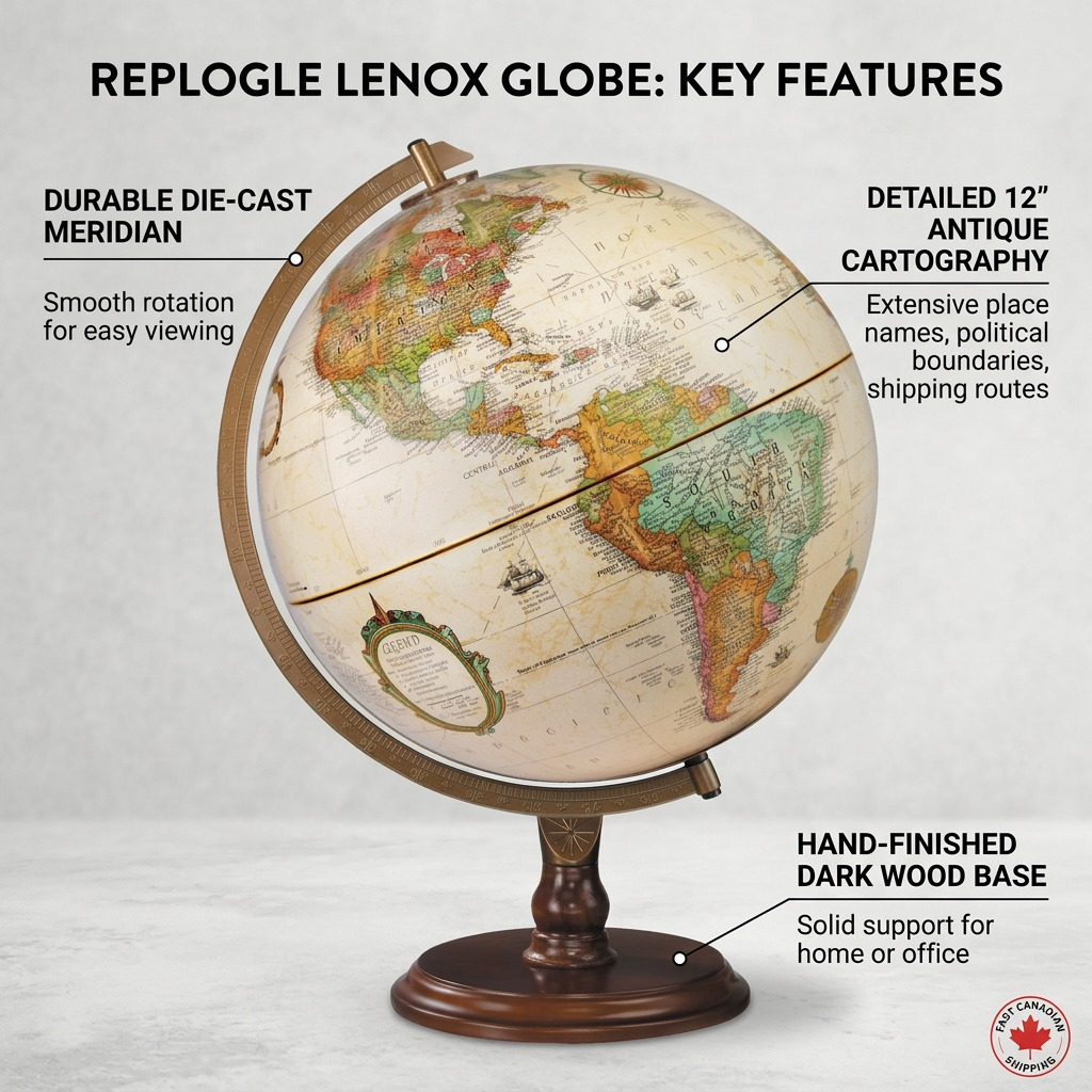 A polished feature callout image showing the Replogle Lenox globe with lines pointing to its detailed 12-inch antique ocean cartography, die-cast meridian, and hand-finished dark wood base.