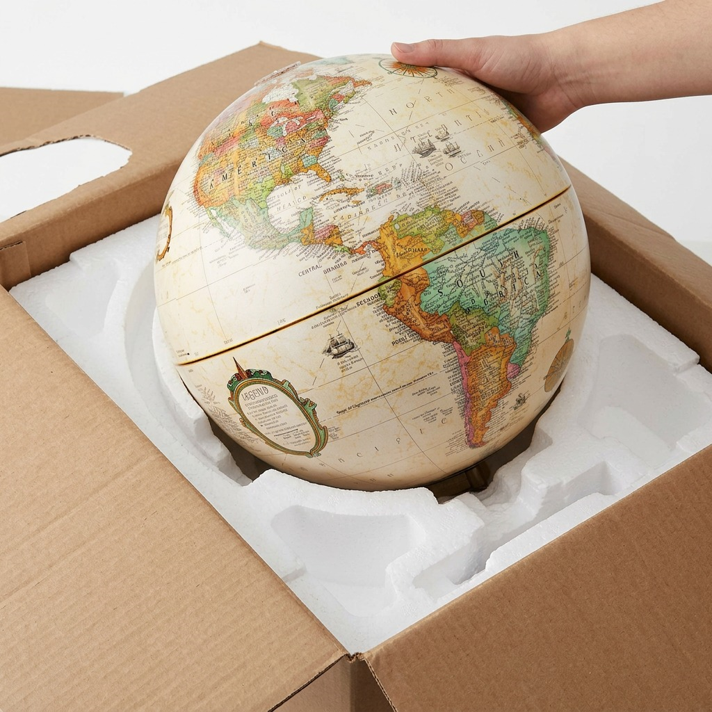 Replogle antique ocean desk globe unboxed from safe styrofoam packaging in a sturdy cardboard box.