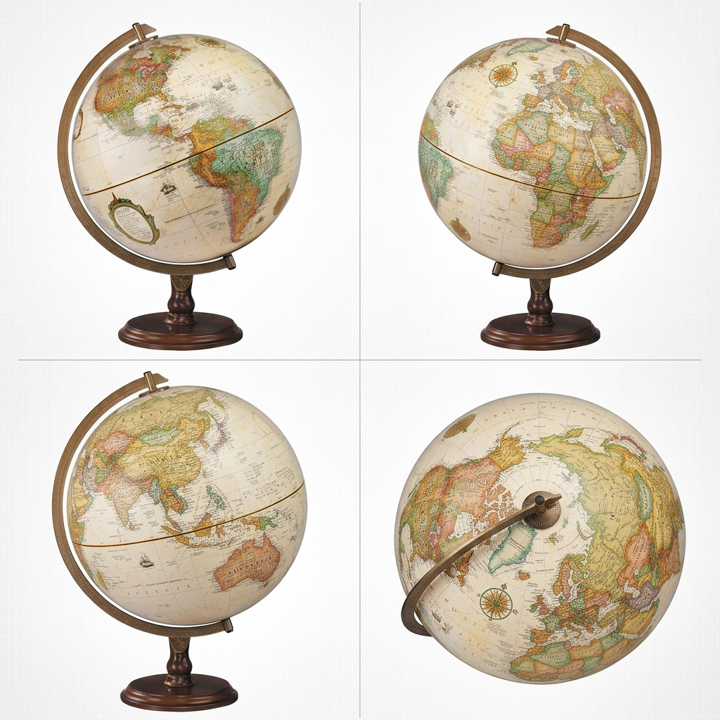 A four-panel grid matrix displaying the Replogle Lenox globe from four distinct viewing angles on a soft, neutral grid background.