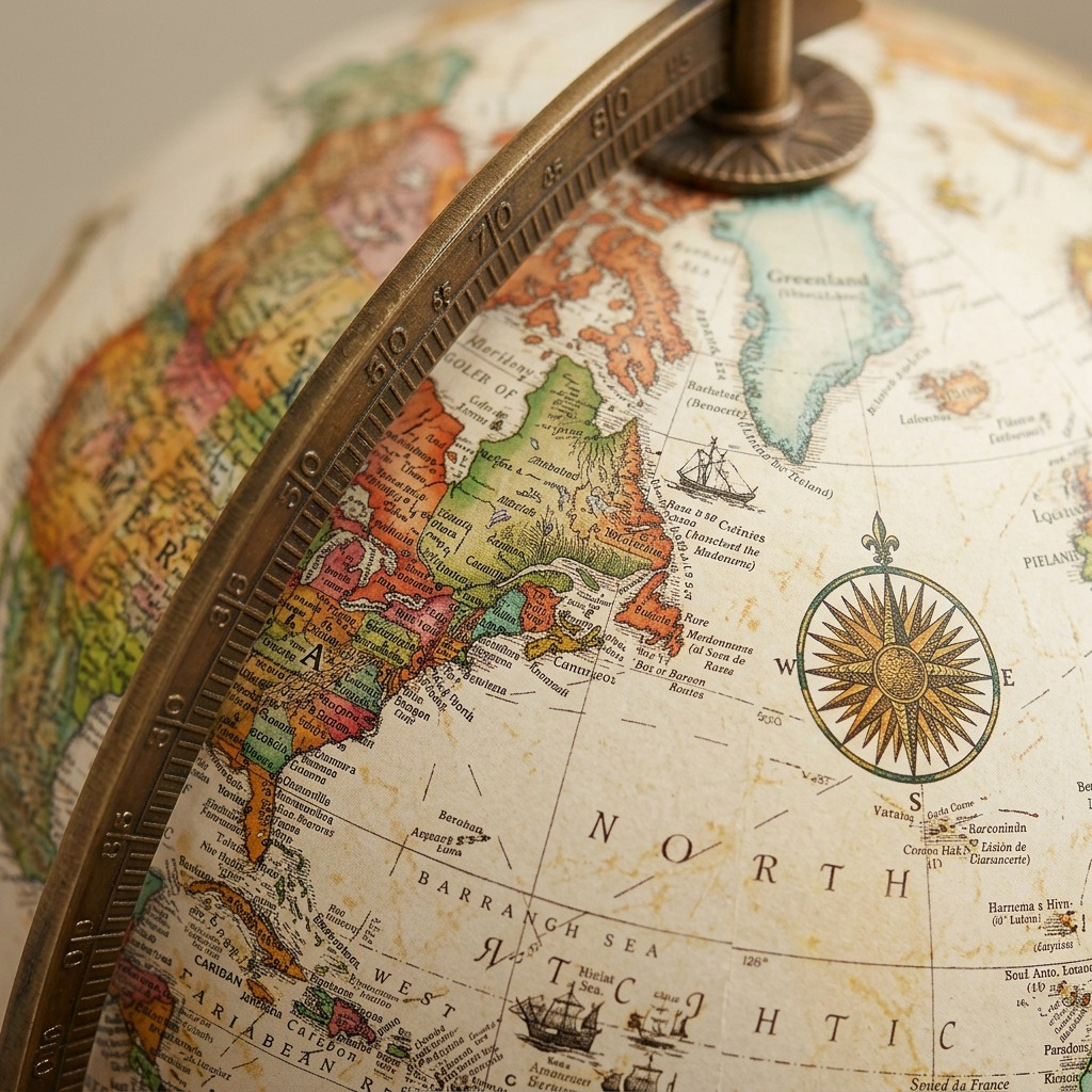 Extreme detailed close-up showing intricate, antiqued-paper globe map surface, distinct latitudinal lines, small text markings like ship illustrations, and the detailed decorative compass rose from the 12-inch desk globe.
