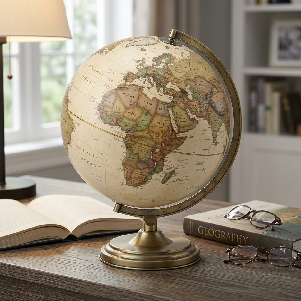 Vintage desk globe next to open geography book and glasses, showing typical size on office desk.