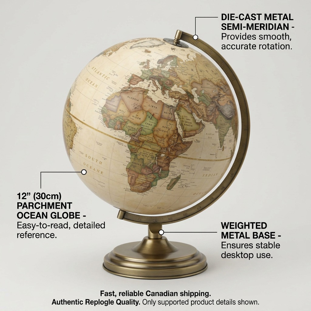 Product image of the Antique Parchment desktop globe on its metal base, with minimal labels and lines highlighting key components: 12-inch diameter globe, antique ocean color theme, brass-finished metal semi-meridian, and a stable weighted metal base, presented with realistic lighting against a neutral background.