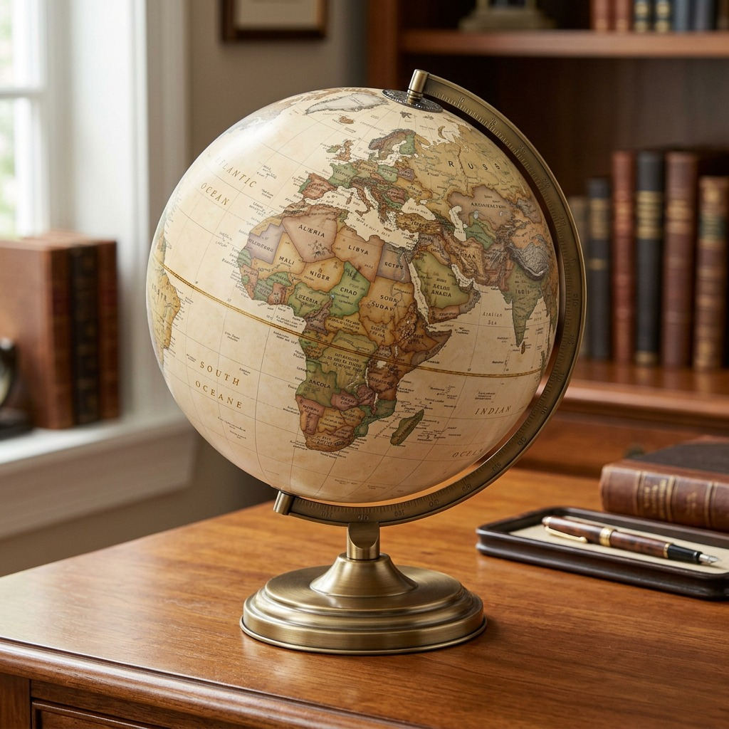 A detailed photograph of the Replogle Grosvenor desk globe on a traditional wooden study desk.
