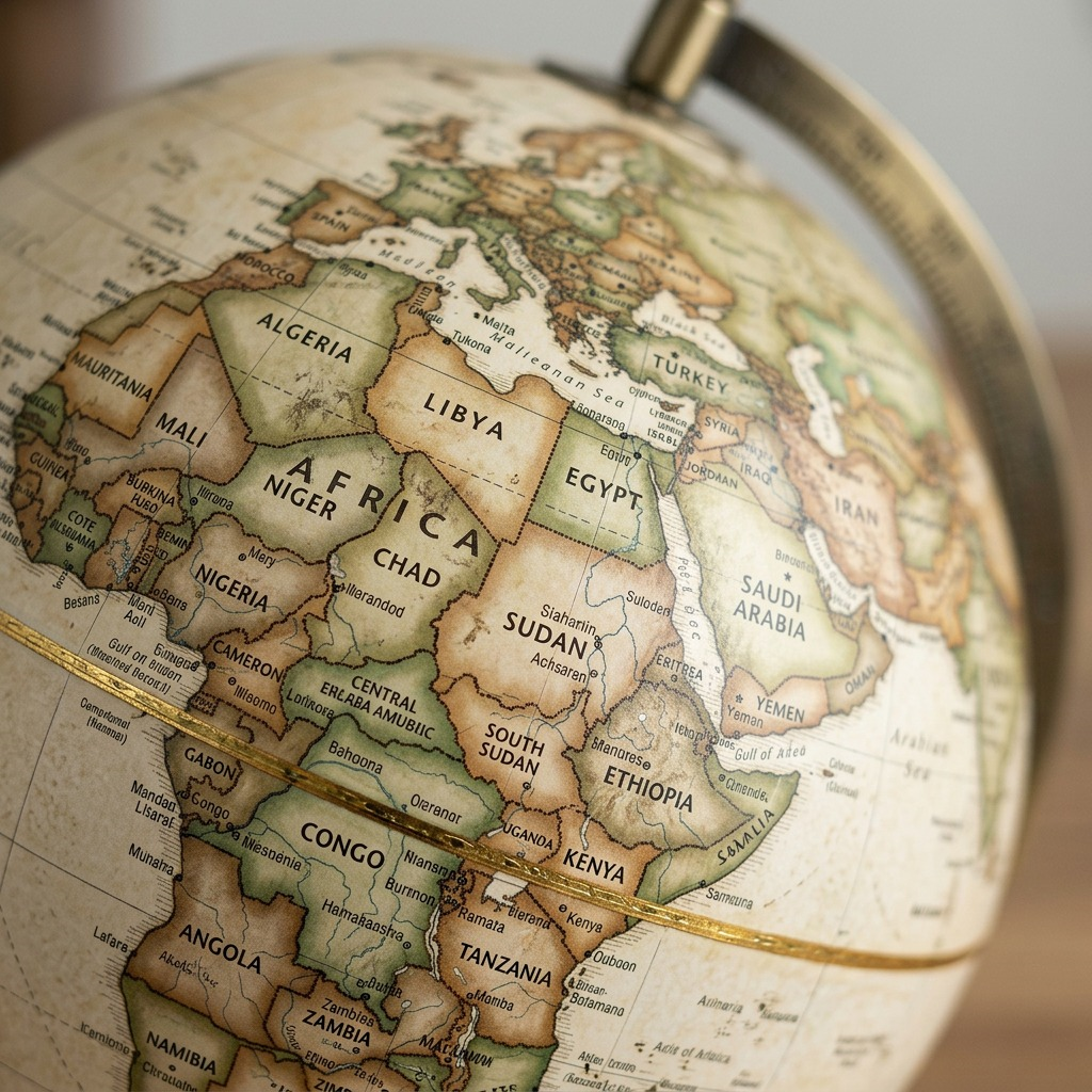 Macro photograph of the Replogle Grosvenor globe, focusing on the detail of stylized script and precise political boundaries in muted colors on its unique antique parchment-style surface.