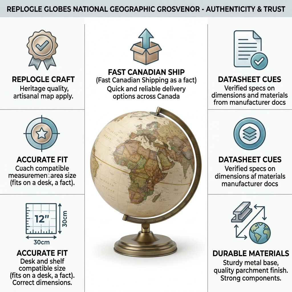 An infographic matrix image presenting a central Replogle Grosvenor desk globe surrounded by trust and authority cues. Clear icons and concise text verify dimensions, quality craftsmanship, durable metal and parchment materials, and fast Canadian shipping. Grounded in factual manufacturer data from datasheets and specific product features. Clean neutral layout for e-commerce confidence.