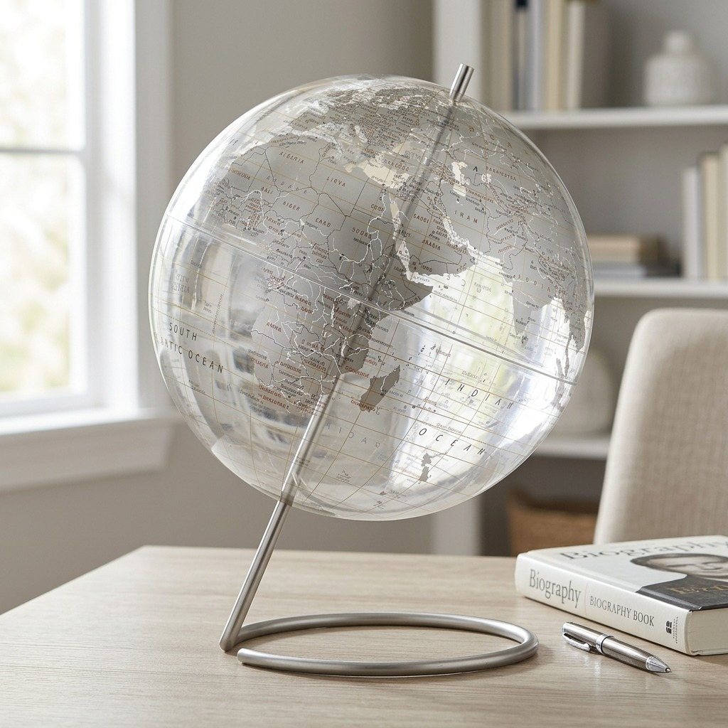 A detailed interior scene displaying the specific Replogle Crystal Marquise globe alongside common desk items for size.