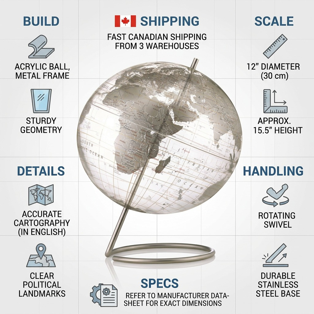 A factual visual matrix infographic centered on the Replogle Globes CRYSTAL MARQUISE, highlighting product details and fast Canadian shipping.