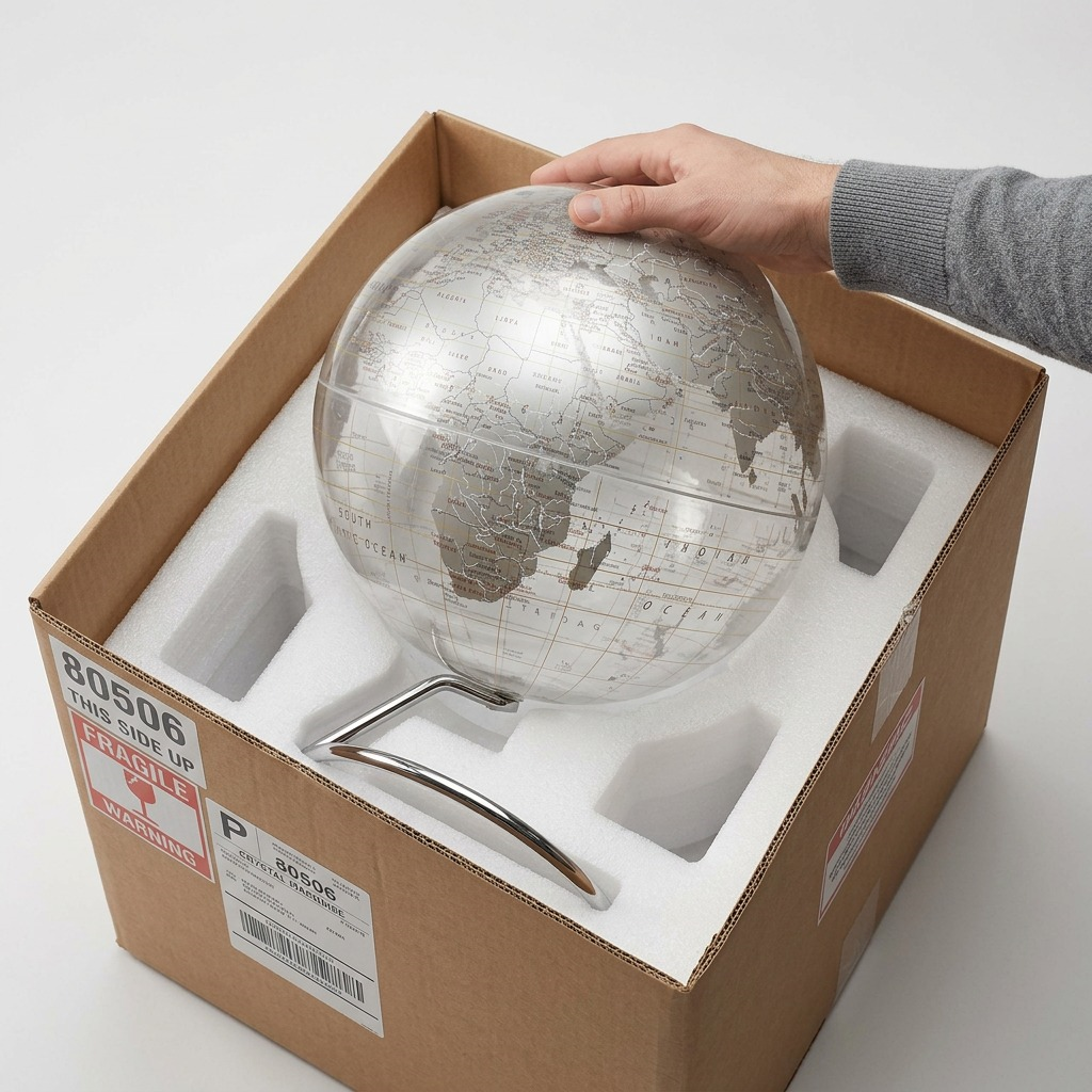 A Replogle Crystal Marquise globe is carefully unpacked from custom foam within a shipping box.