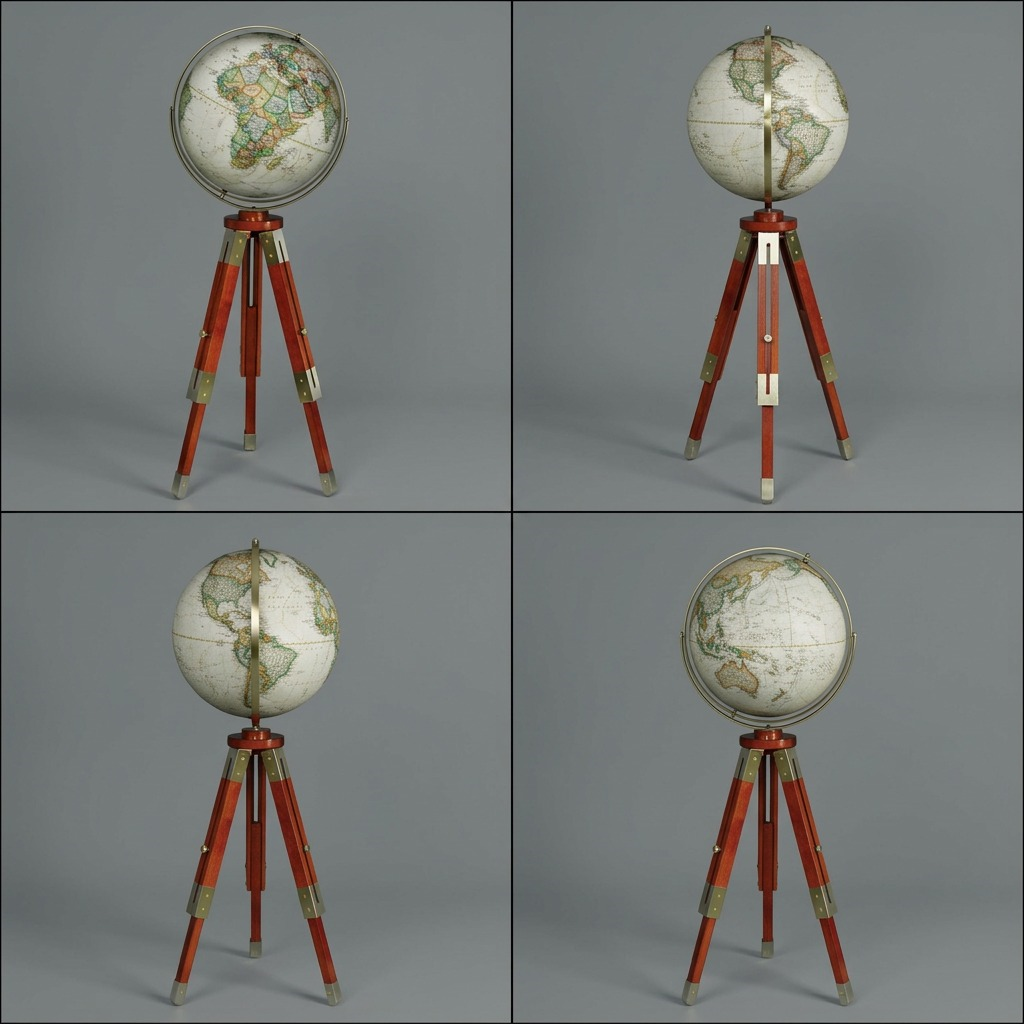 A matrix display of the Replogle National Geographic globe, identical to the source image, shown from four useful angles on a premium neutral grey background.