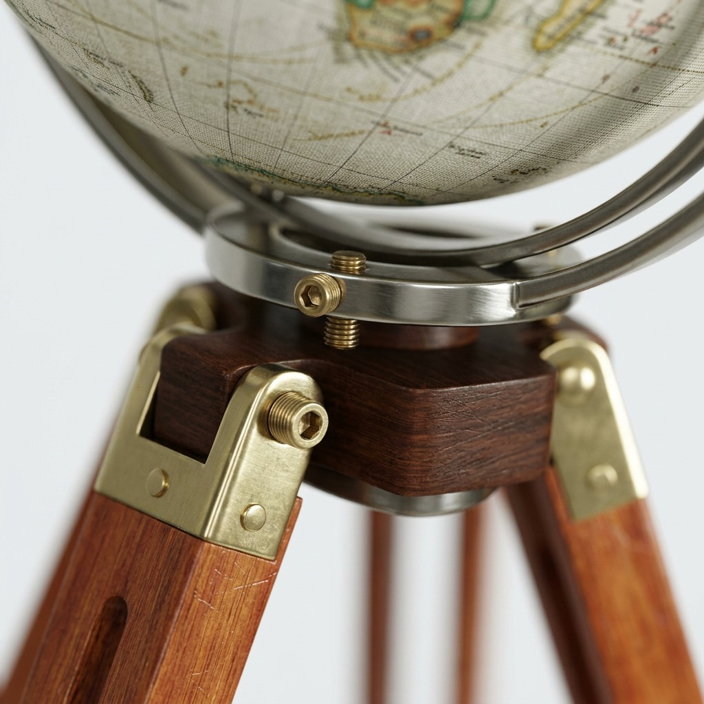 Macro detail: central gimbal hardware and upper leg bracket of the Eaton III tripod globe.