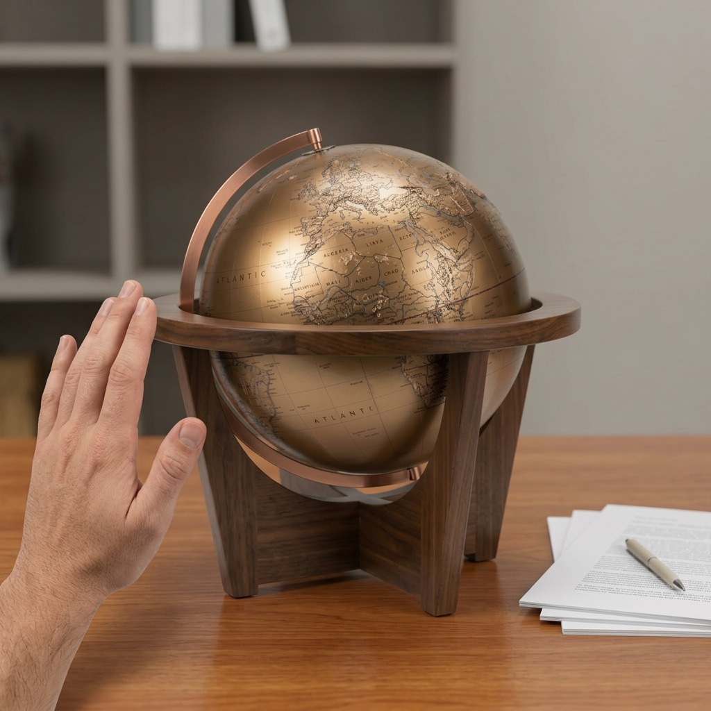 Scale reference image showing the Replogle HEXHEDRA globe on a desk next to a human hand and a pen, illustrating its real-world size.