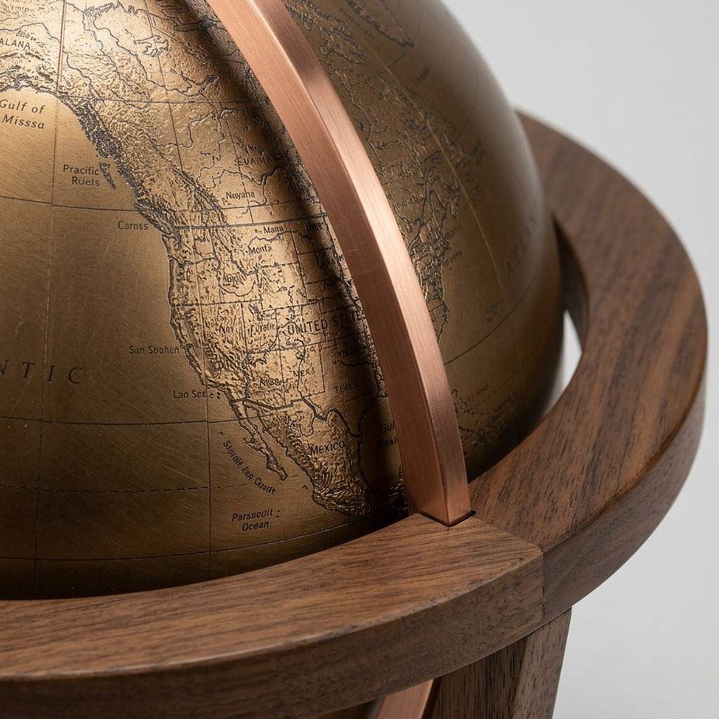 Macro view of bronze globe texture, copper meridian, and walnut stand wood grain.
