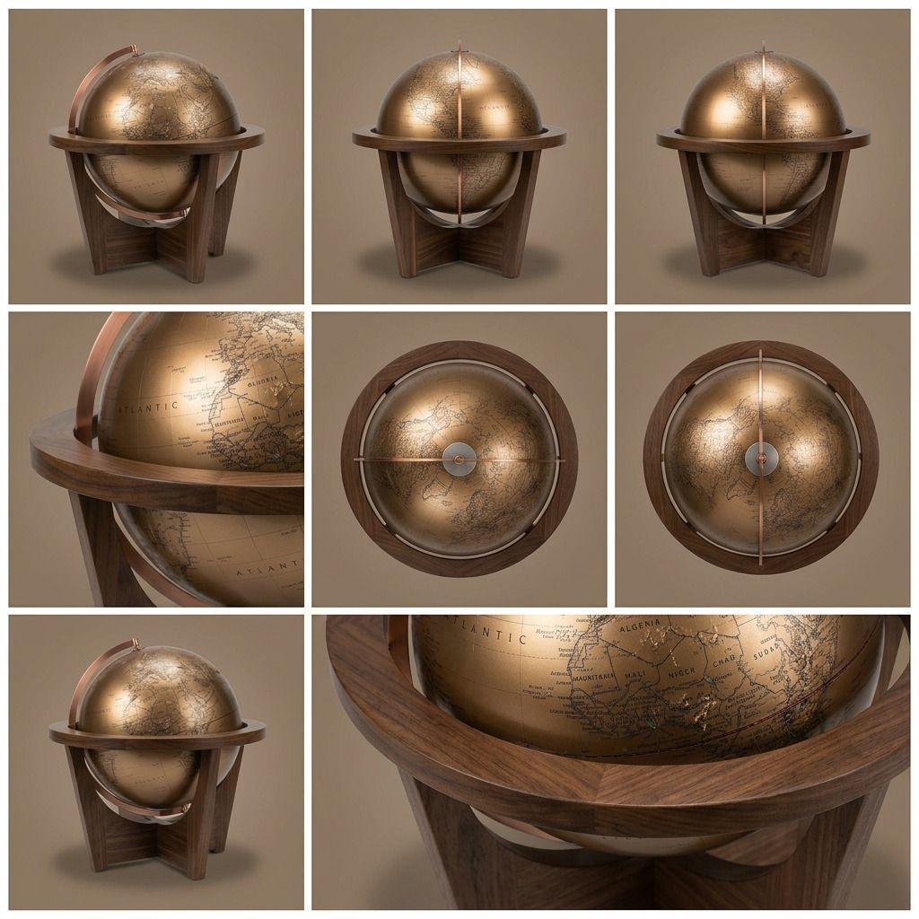 A six-panel product visual matrix featuring the antique bronze finish globe in various angles on a wood stand.
