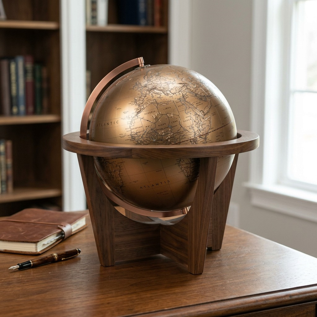 Replogle Globes HEXHEDRA bronze metallic globe in a rich library setting, resting on a desk.